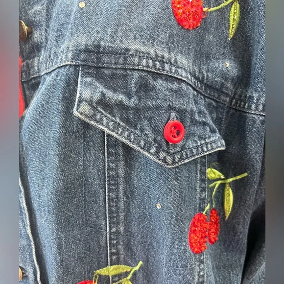 Quacker Factory Blue Denim Jacket with Cherry Embroidery-1X - Picture 5 of 10